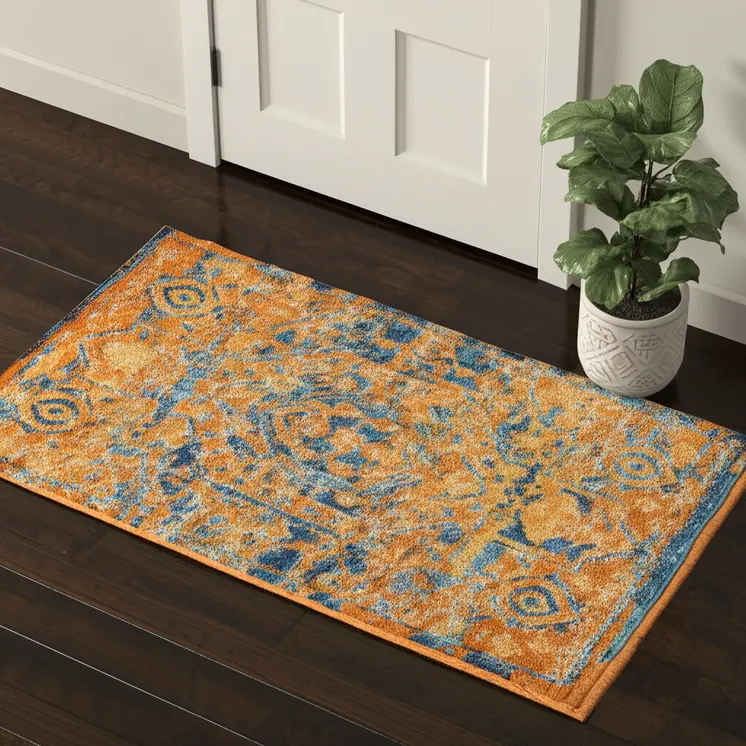 2' X 3' Teal And Gold Medallion Distressed Area Rug