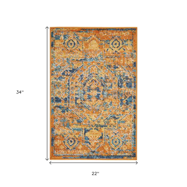 2' X 3' Teal And Gold Medallion Distressed Area Rug