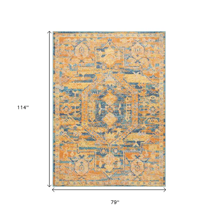7' X 10' Teal And Gold Medallion Distressed Area Rug