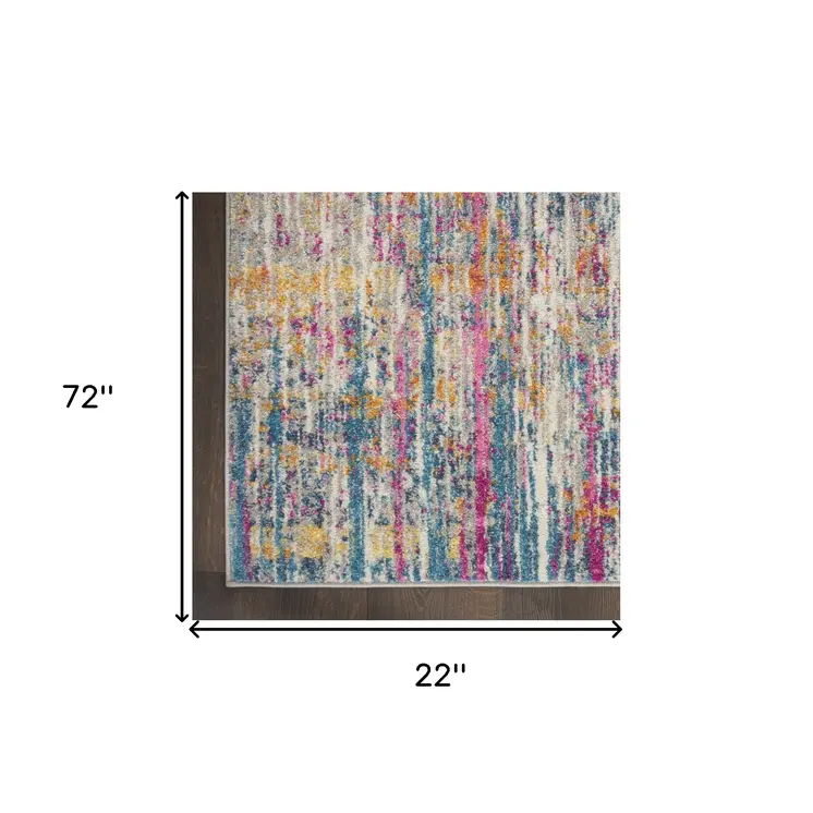 6' Ivory And Blue Abstract Runner Rug