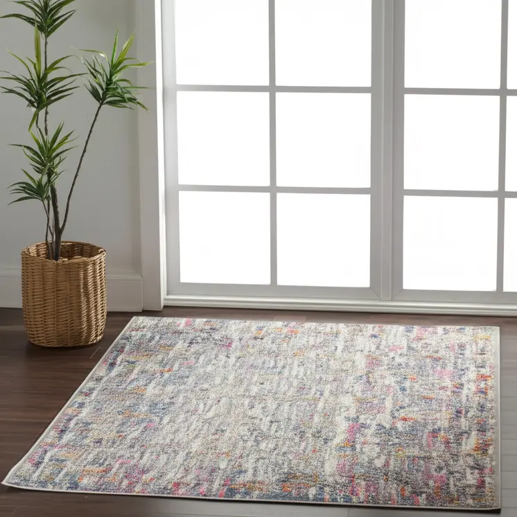 6' Ivory And Blue Abstract Runner Rug