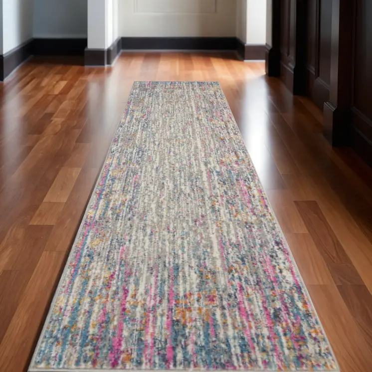 10' Ivory And Blue Abstract Runner Rug