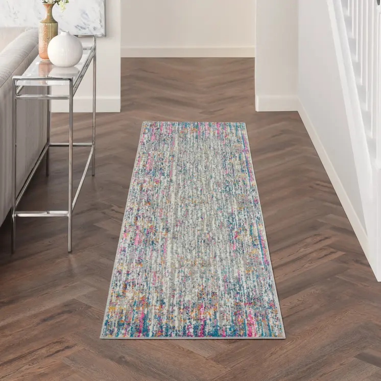 8' Ivory And Blue Abstract Runner Rug