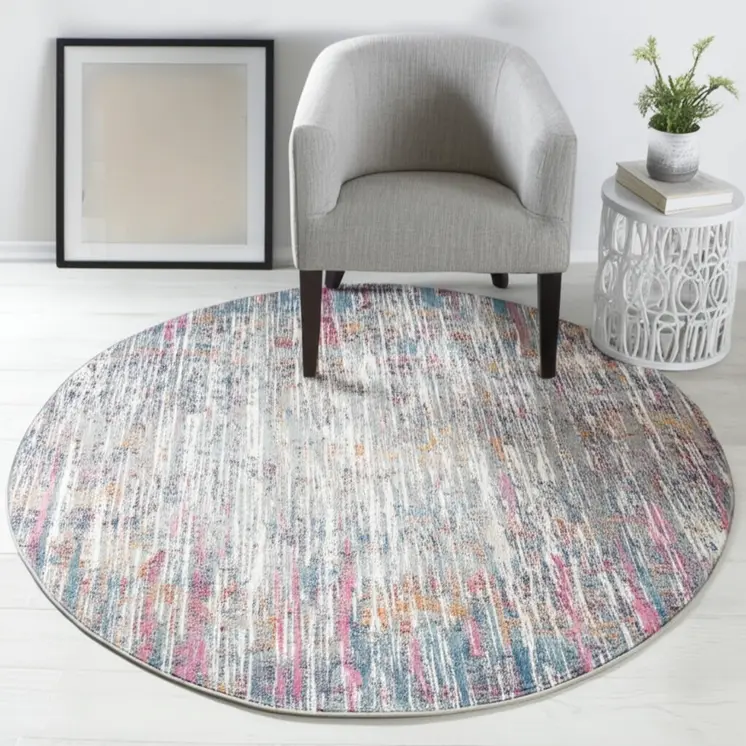 4' Ivory And Blue Abstract Round Rug