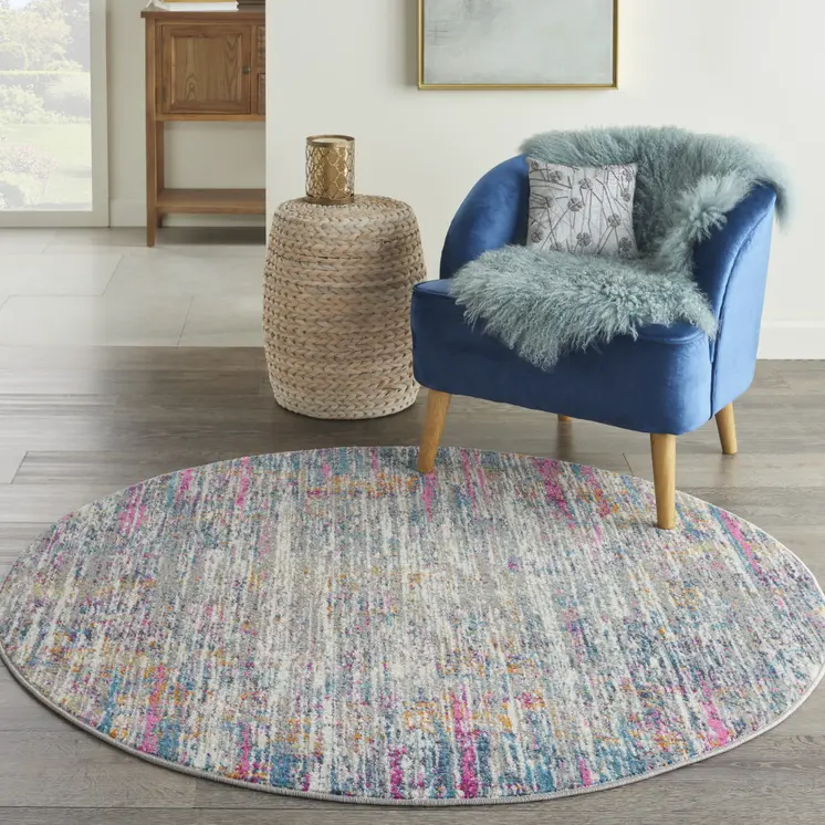 5' Ivory And Blue Abstract Round Rug