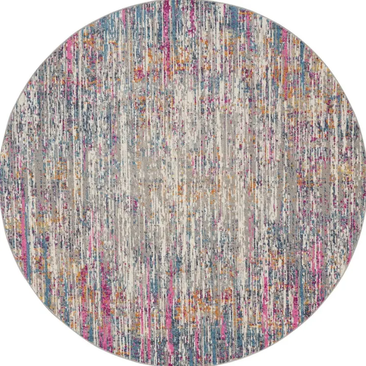 5' Ivory And Blue Abstract Round Rug
