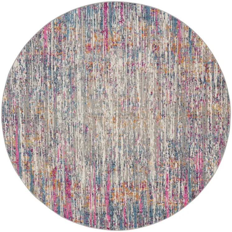 5' Ivory And Blue Abstract Round Rug