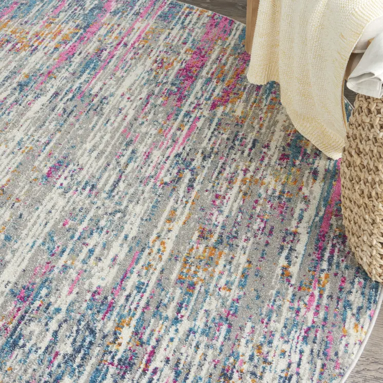 8' Ivory And Blue Abstract Round Rug