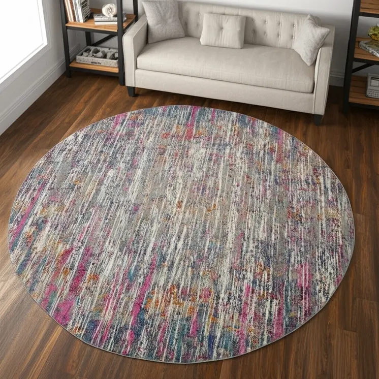 8' Ivory And Blue Abstract Round Rug