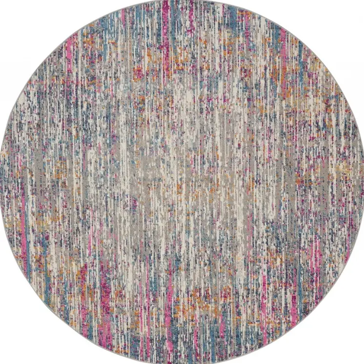 8' Ivory And Blue Abstract Round Rug