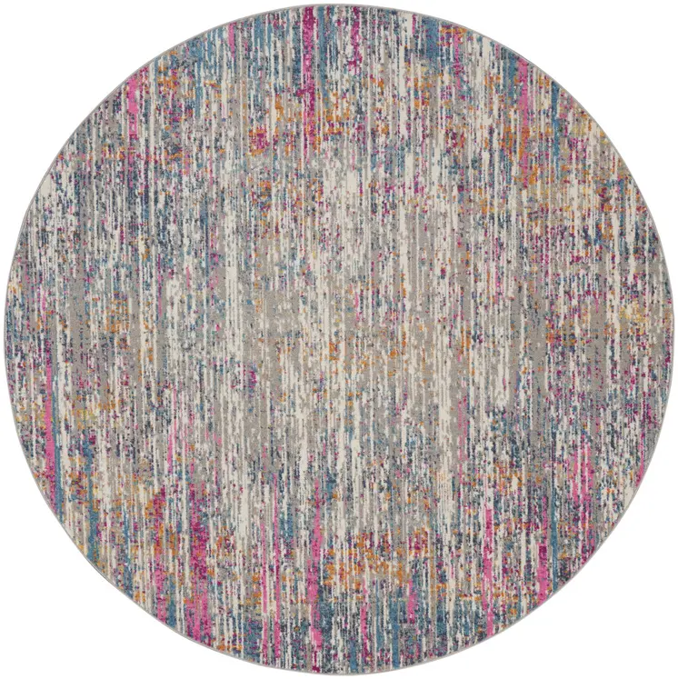 8' Ivory And Blue Abstract Round Rug