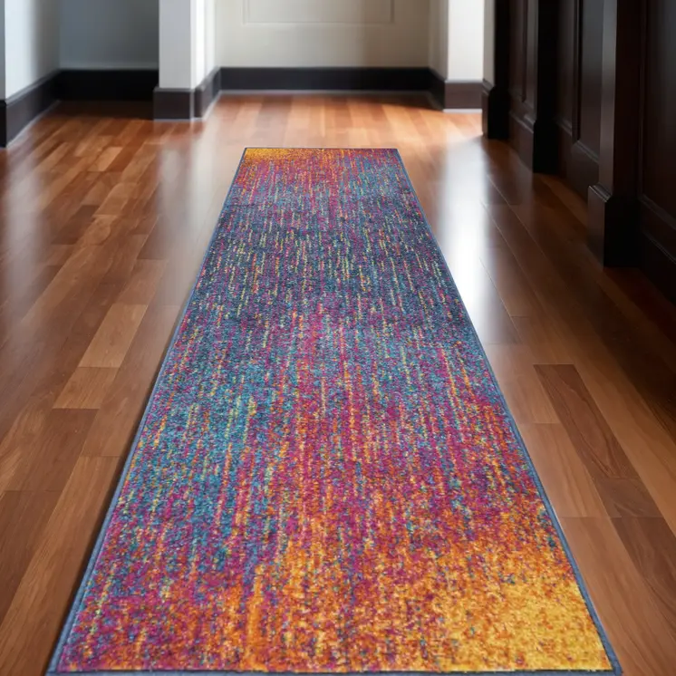 10' Blue And Orange Abstract Runner Rug
