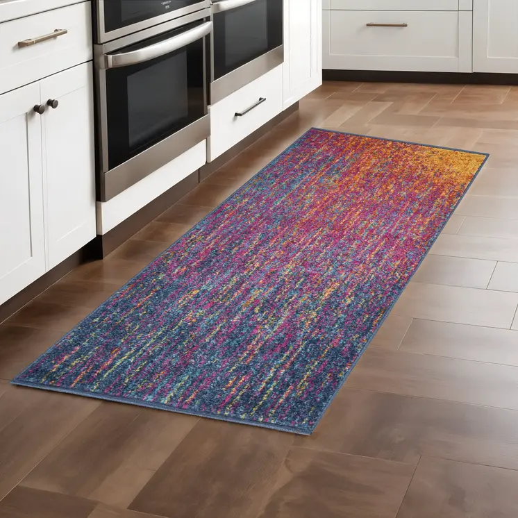 8' Blue And Orange Abstract Runner Rug