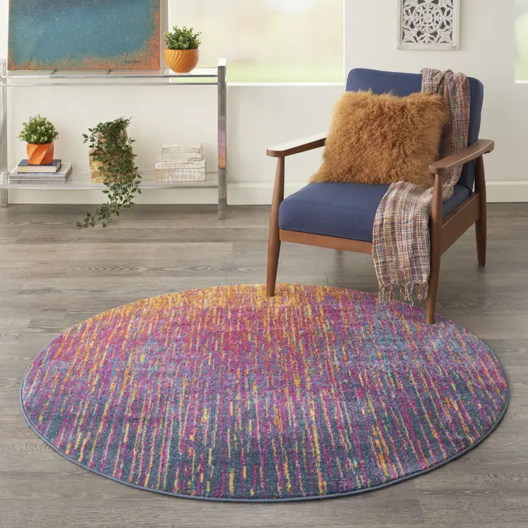 4' Blue And Orange Abstract Round Rug