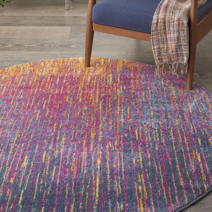 4' Blue And Orange Abstract Round Rug