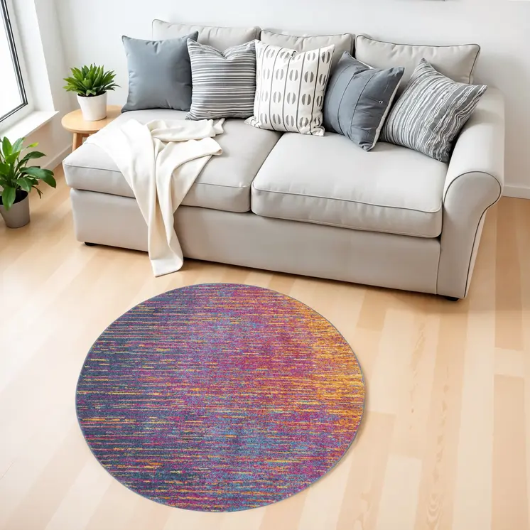 4' Blue And Orange Abstract Round Rug