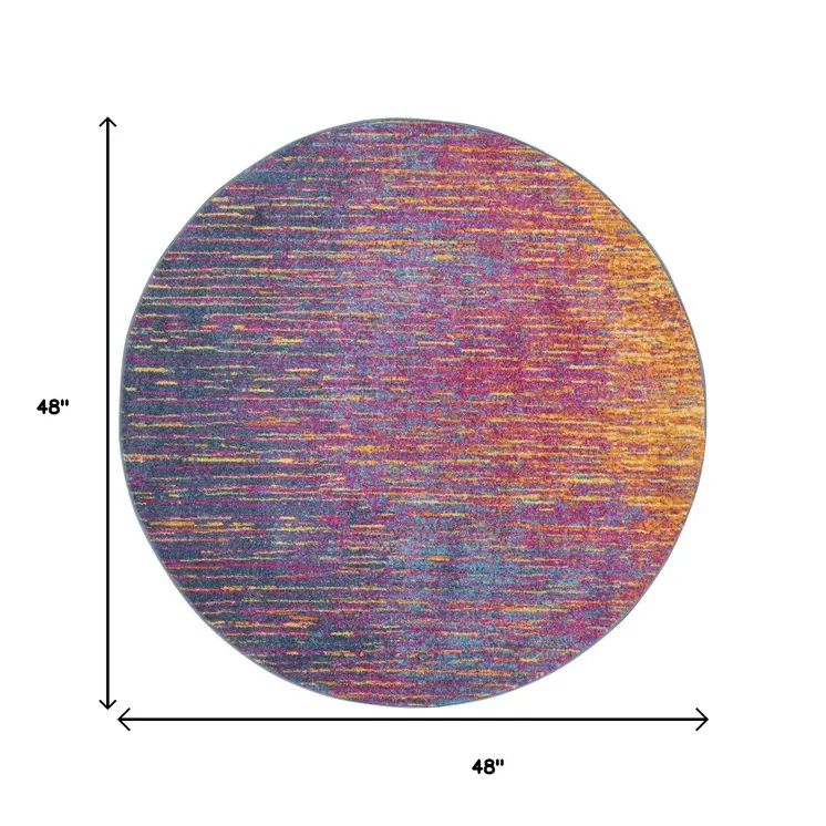 4' Blue And Orange Abstract Round Rug