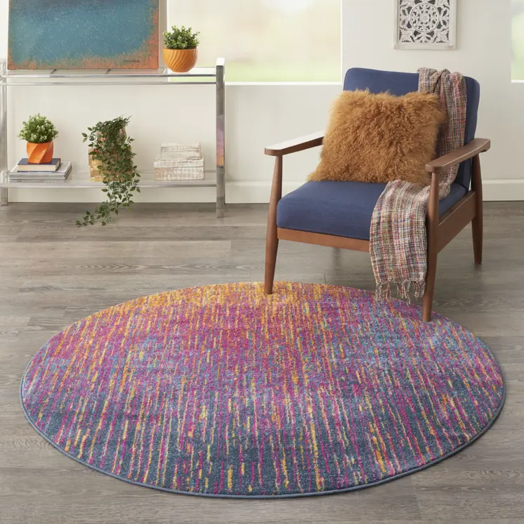 4' Blue And Orange Abstract Round Rug
