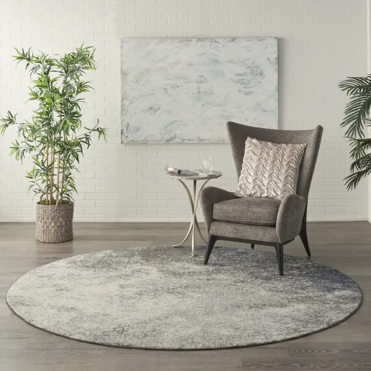 8' Gray And Ivory Abstract Round Rug