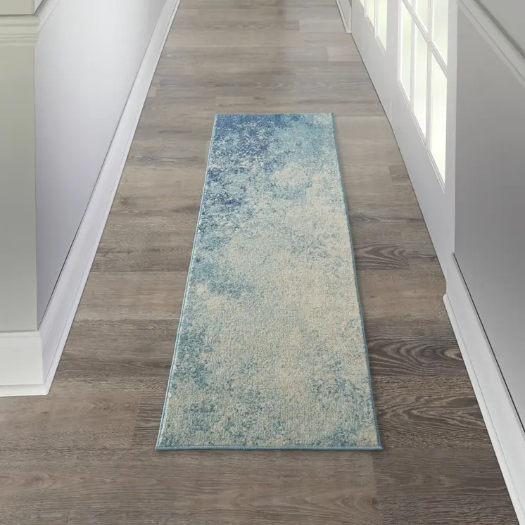6' Blue And Ivory Abstract Runner Rug