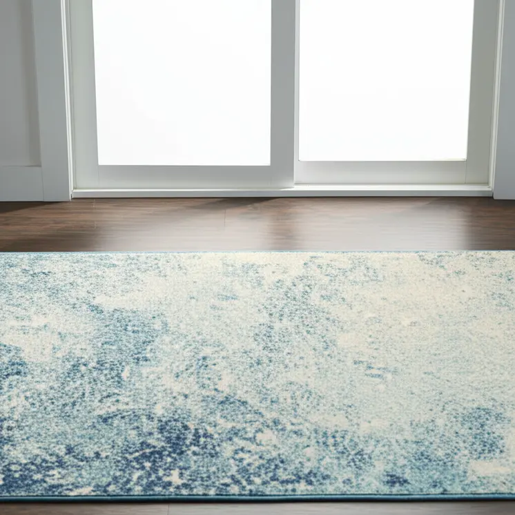 6' Blue And Ivory Abstract Runner Rug