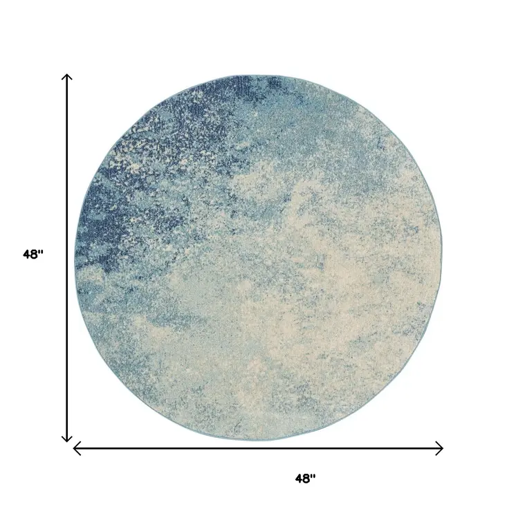 4' Blue And Ivory Abstract Round Rug