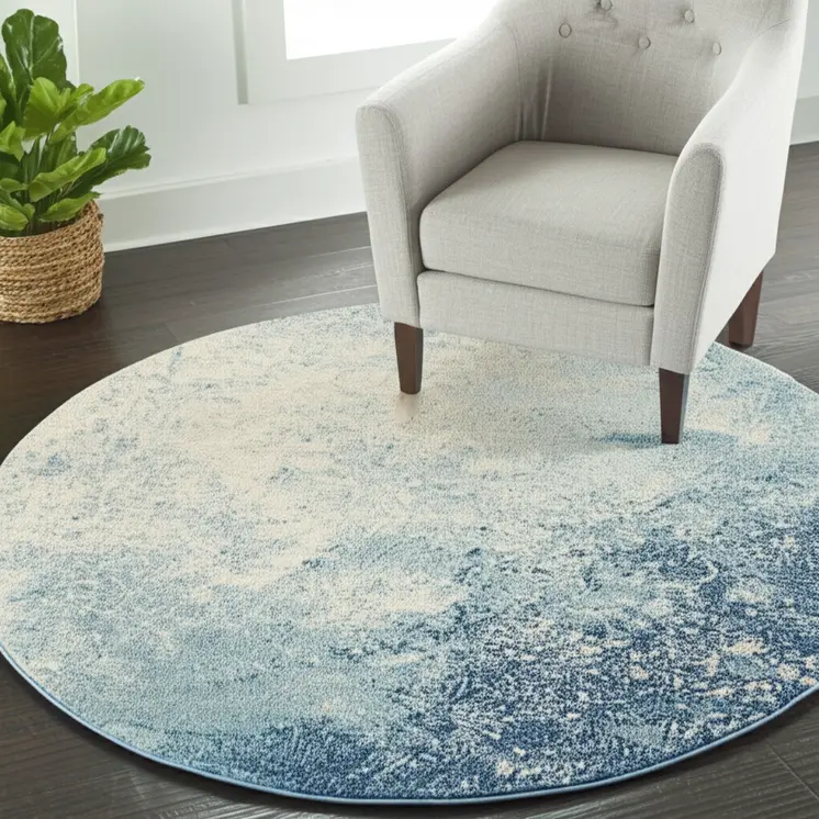 4' Blue And Ivory Abstract Round Rug