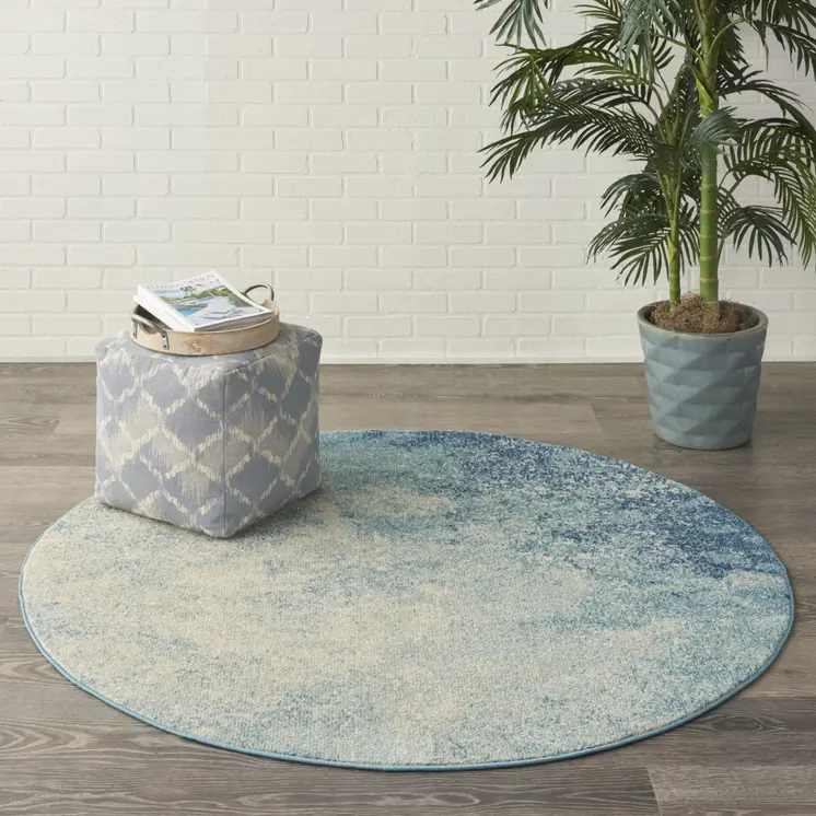 5' Blue And Ivory Abstract Round Rug