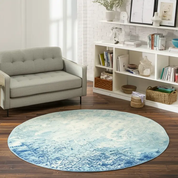 8' Blue And Ivory Abstract Round Rug