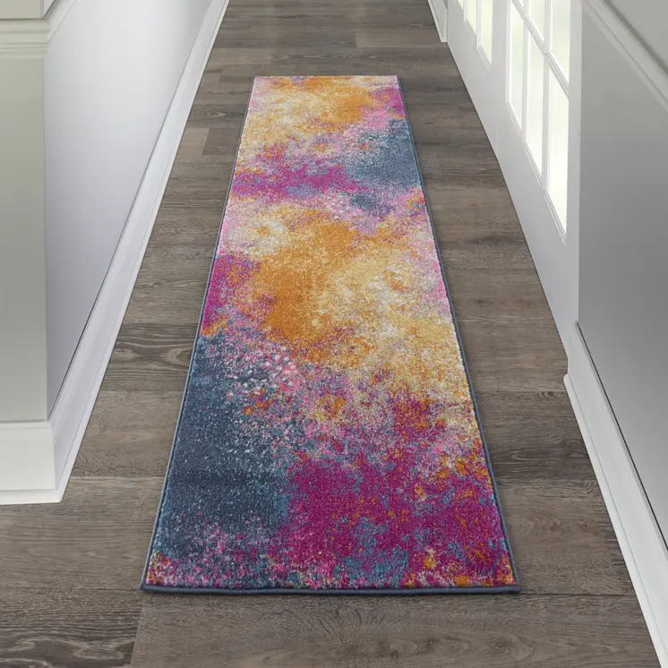 10' Blue And Orange Abstract Runner Rug