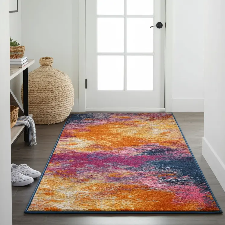 10' Blue And Orange Abstract Runner Rug