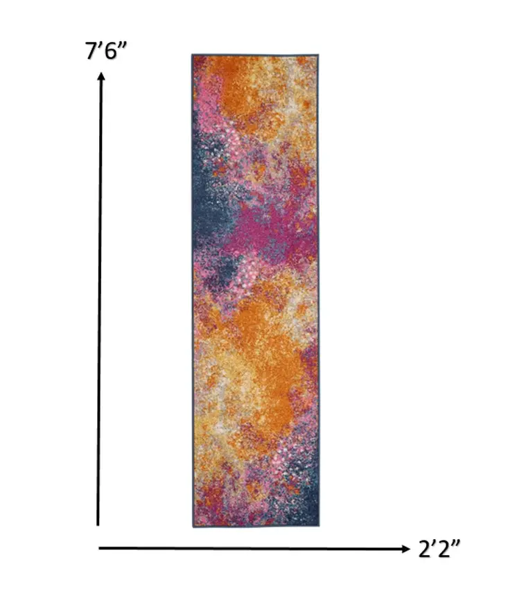 8' Blue And Orange Abstract Runner Rug