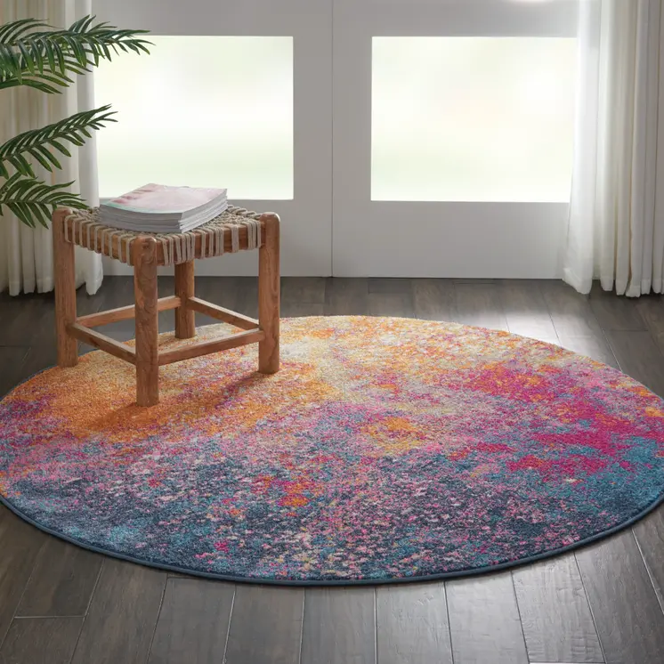 4' Blue And Orange Abstract Round Rug