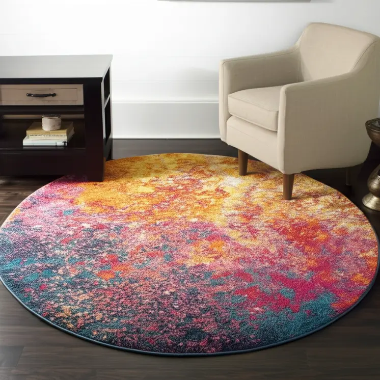 4' Blue And Orange Abstract Round Rug