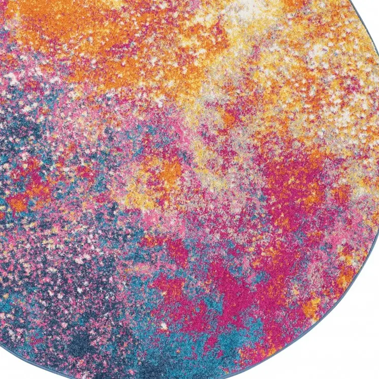 4' Blue And Orange Abstract Round Rug