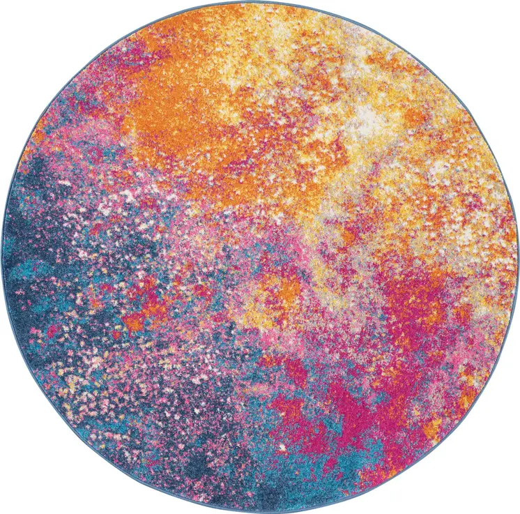 4' Blue And Orange Abstract Round Rug