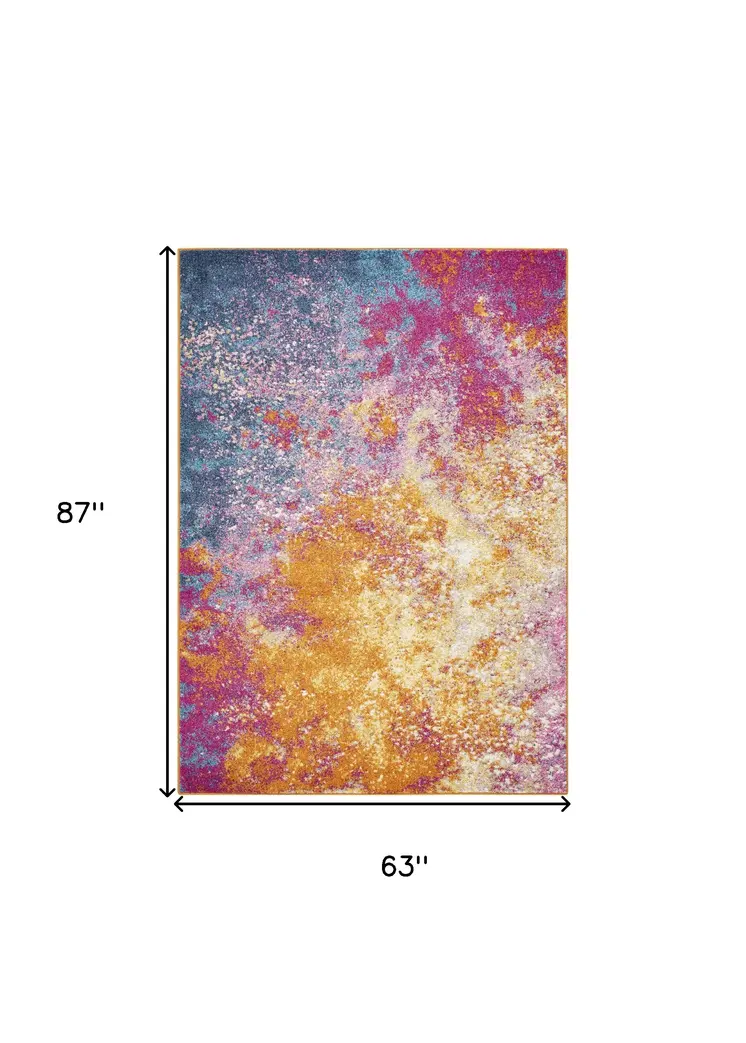 5' X 7' Blue And Orange Abstract Area Rug