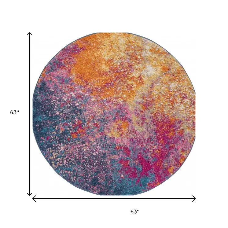 5' Blue And Orange Abstract Round Rug