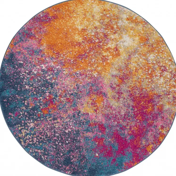 5' Blue And Orange Abstract Round Rug