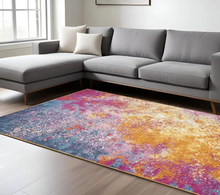 7' X 10' Blue And Orange Abstract Area Rug