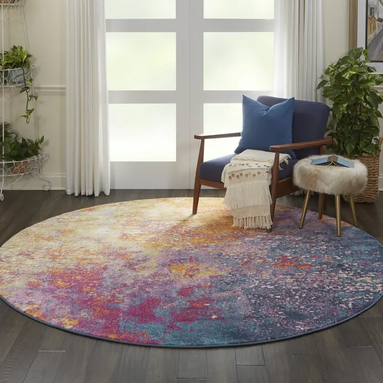 8' Blue And Orange Abstract Round Rug