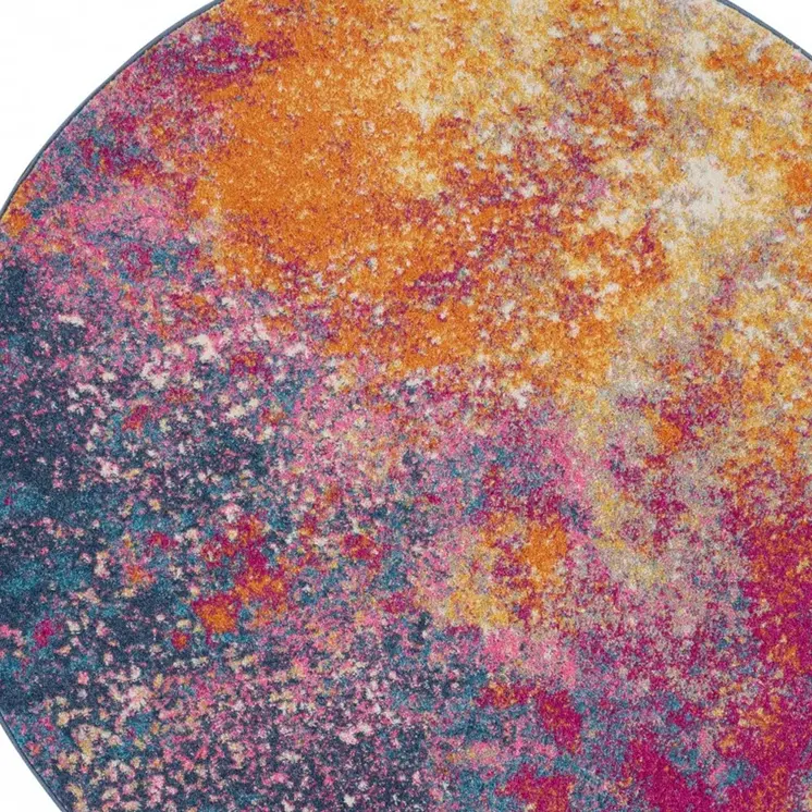 8' Blue And Orange Abstract Round Rug