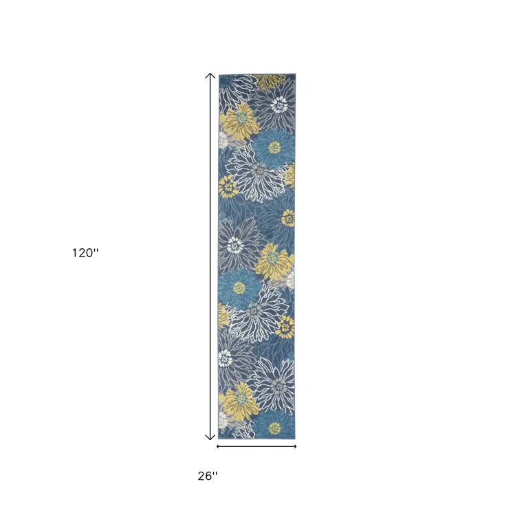 10' Blue And Gold Floral Runner Rug
