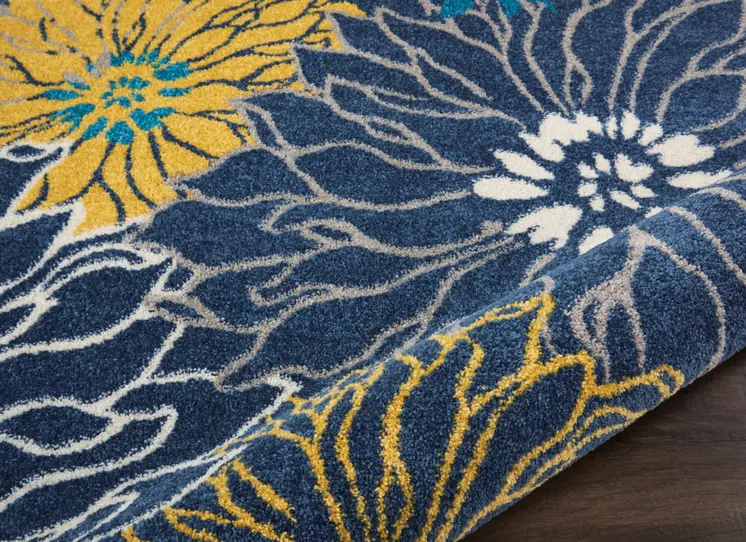 10' Blue And Gold Floral Runner Rug