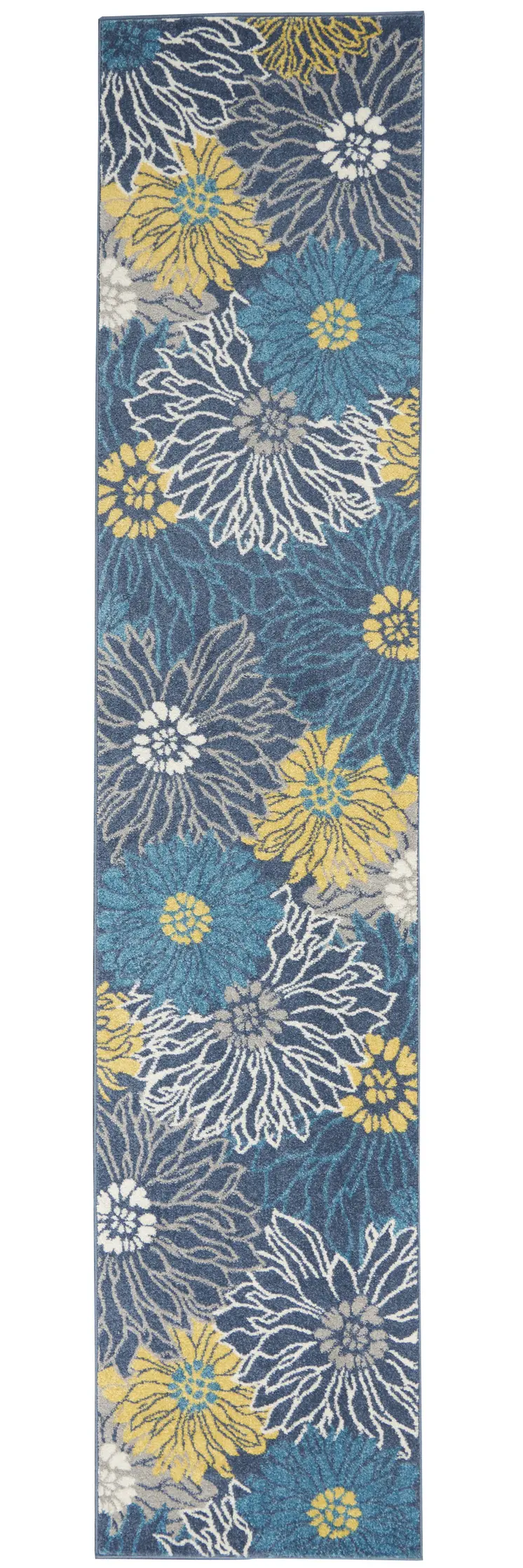 10' Blue And Gold Floral Runner Rug