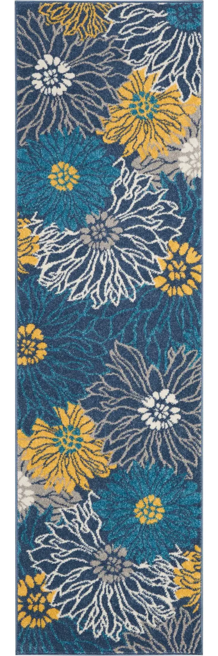 8' Blue And Gold Floral Runner Rug