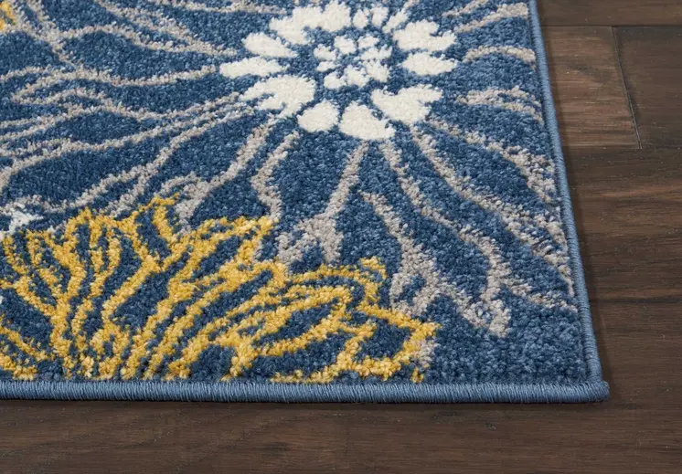 8' Blue And Gold Floral Runner Rug