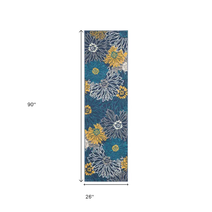 8' Blue And Gold Floral Runner Rug