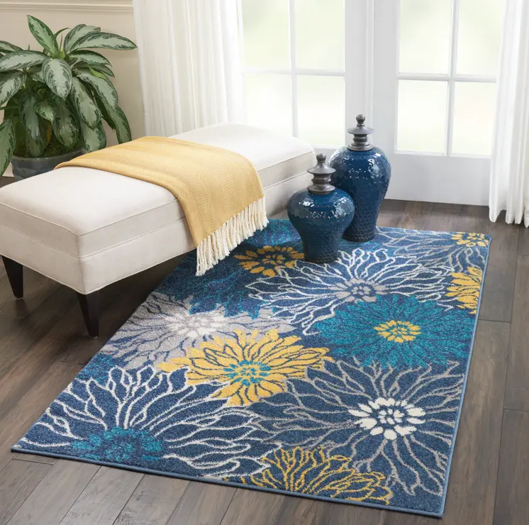 4' X 6' Blue And Gold Floral Area Rug