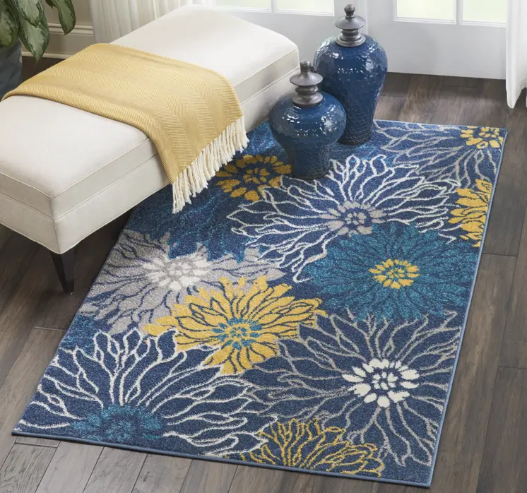 4' X 6' Blue And Gold Floral Area Rug